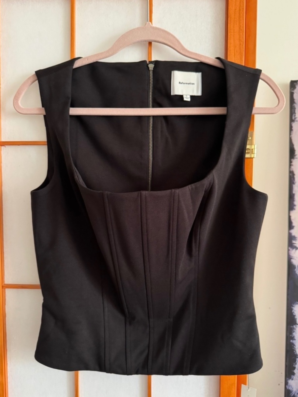 Reformation Sienna Corset Black Top L Zipper Back Romantic Quiet Luxury Academia